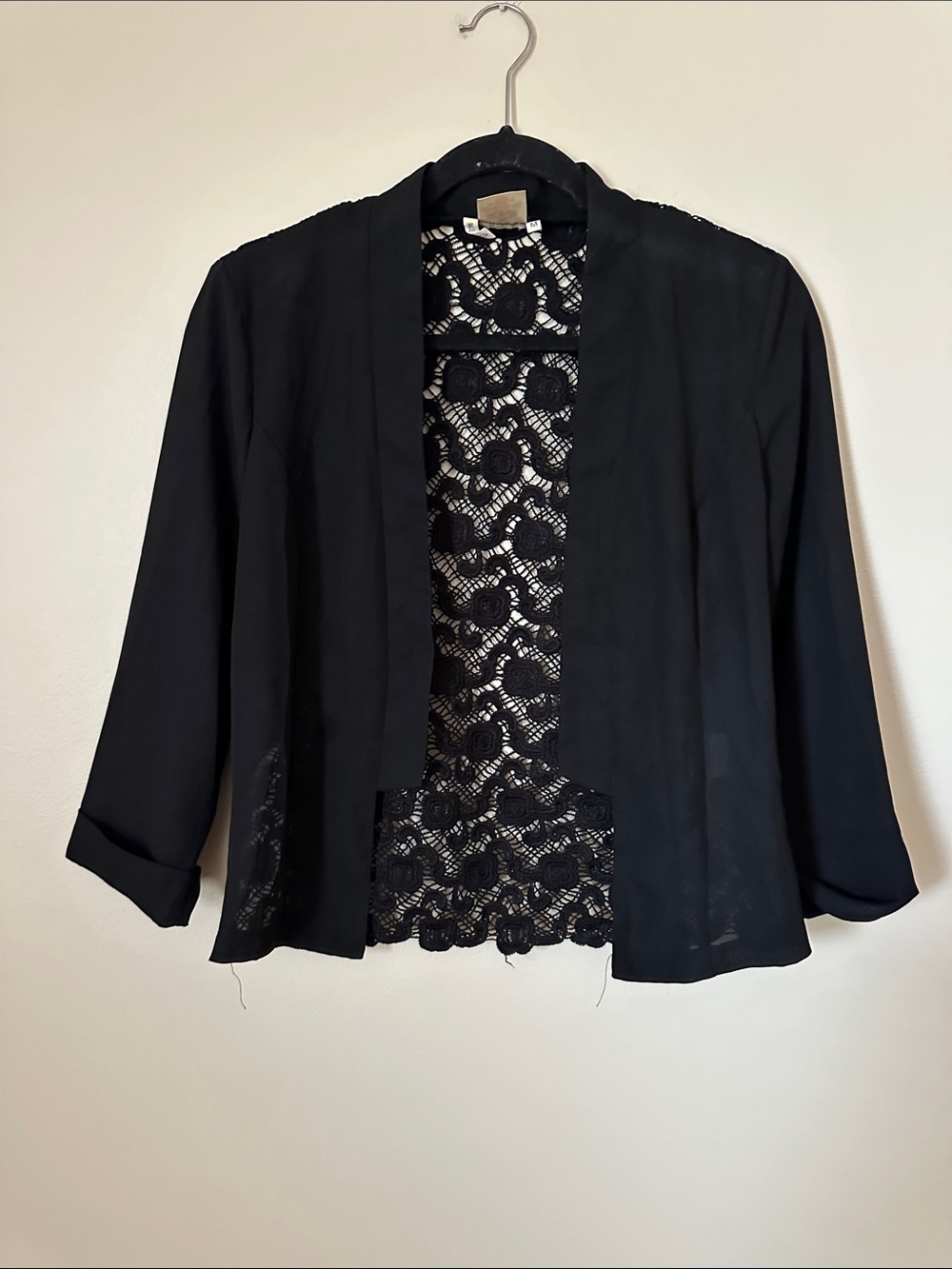 Black Lace-Back Open Front Blazer Jacket - Women